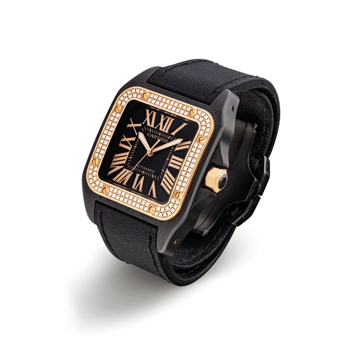 CARTIER. A FINE PVD-COATED STAINLESS STEEL, PINK GOLD AND DIAMOND-SET SQUARE AUTOMATIC WRISTWATCH WITH SWEEP CENTRE SECONDS SIGNED CARTIER, SANTOS 100 MODEL, REF. 2656, CASE NO. 205770PX, CIRCA 2010