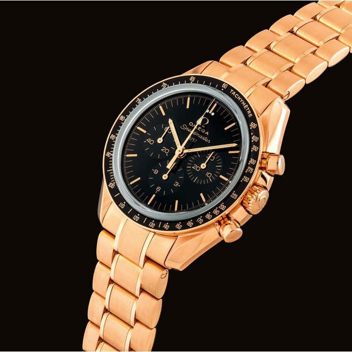 Omega OMEGA. A FINE AND VERY RARE 18K PINK GOLD LIMITED EDITION CHRONOGRAPH WRISTWATCH WITH BRACELET AND BLACK ENAMEL DIAL , MADE TO COMMEMORATE THE 50TH ANNIVERSARY OF SPEEDMASTER SIGNED OMEGA, SPEEDMASTER, PROFESSIONAL MOONWATCH CO-AXIAL MODEL, NO. 21/57, MOVEMENT NO. 78'326'181, CASE NO. 78'326'181, CIRCA 2007