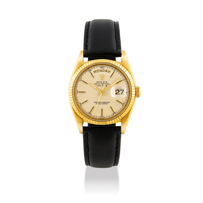 ROLEX. A FINE 18K GOLD AUTOMATIC WRISTWATCH WITH SWEEP CENTRE SECONDS, DAY AND DATE SIGNED ROLEX, OYSTER PERPETUAL, DAY-DATE MODEL, REF. 1803, CASE NO. 2'875'881, CIRCA 1971