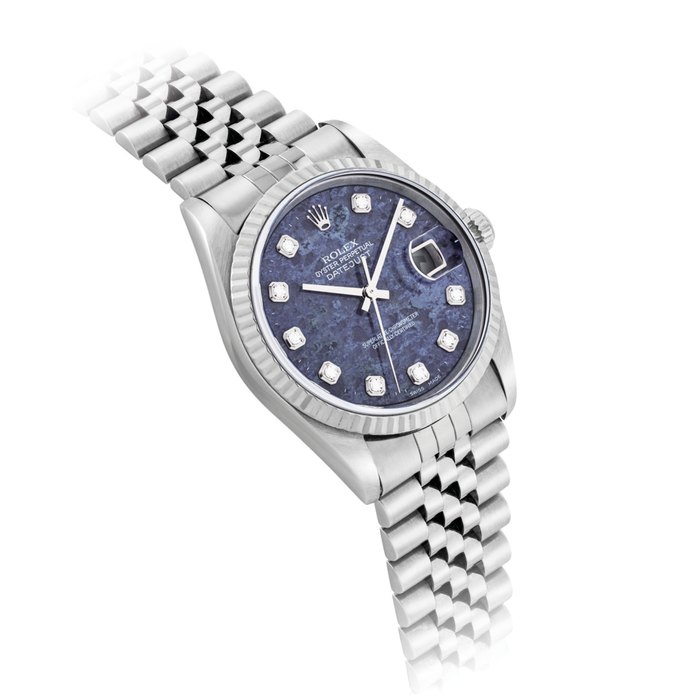 ROLEX. A FINE AND RARE STAINLESS STEEL AUTOMATIC WRISTWATCH WITH SWEEP CENTRE SECONDS, DATE, BRACELET AND DIAMOND-SET SODALITE DIAL SIGNED ROLEX, OYSTER PERPETUAL, DATEJUST MODEL, REF. 16234, CASE NO. A774771, CIRCA 1999