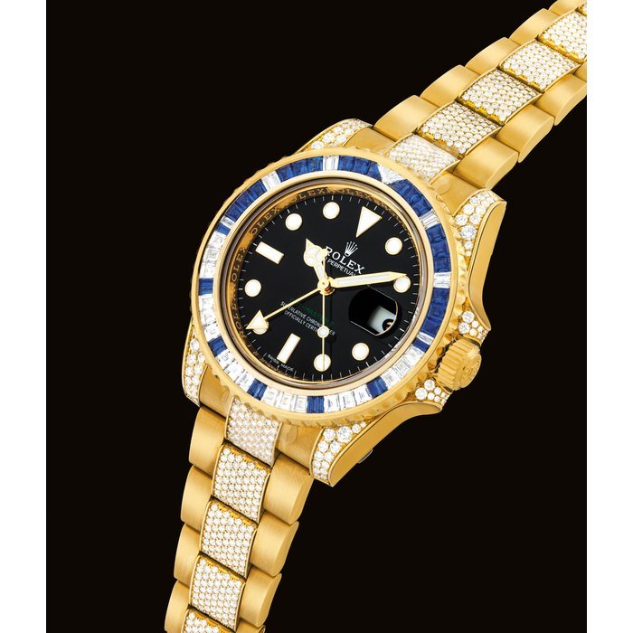Rolex ROLEX. A FINE AND VERY RARE 18K GOLD, DIAMOND AND SAPPHIRE-SET AUTOMATIC DUAL TIME WRISTWATCH WITH SWEEP CENTRE SECONDS, DATE AND BRACELET SIGNED ROLEX, OYSTER PERPETUAL, GMT-MASTER II, REF. 116758SA, CASE NO. Q21H3691, CIRCA 2018 · 116758SA