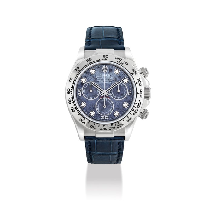 ROLEX. A FINE AND RARE 18K WHITE GOLD AUTOMATIC CHRONOGRAPH WRISTWATCH WITH DIAMOND-SET SODALITE DIAL SIGNED ROLEX, OYSTER PERPETUAL, COSMOGRAPH DAYTONA MODEL, REF. 116519, CASE NO. V400120, CIRCA 2008