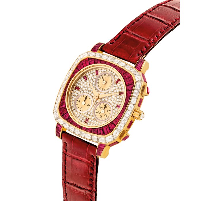 PIAGET AND ASPREY. A FINE AND UNIQUE 18K GOLD, DIAMOND AND RUBY-SET CUSHION-SHAPED CHRONOGRAPH WRISTWATCH WITH DATE, MOTHER-OF-PEARL CHAPTER RINGS AND A PAIR OF SIMILAR CUFFLINKS WRISTWATCH SIGNED PIAGET, PIECE UNIQUE, REF. 14566, MOVEMENT NO. 9'553'167, CASE NO. 648'324, CIRCA 1996 AND CUFFLINKS SIGNED ASPREY, WITH DATE LETTER FOR 1997