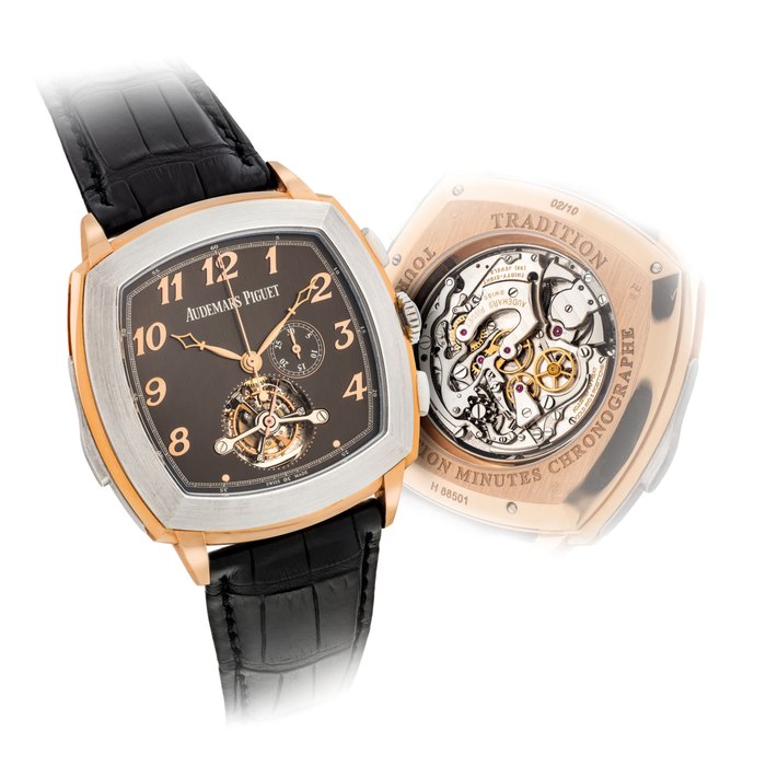 Audemars Piguet AUDEMARS PIGUET. A VERY FINE AND EXTREMELY RARE 18K PINK AND WHITE GOLD LIMITED EDITION CUSHION-SHAPED MINUTE REPEATING TOURBILLON WRISTWATCH WITH CHRONOGRAPH SIGNED AUDEMARS PIGUET, TRADITION MODEL, NO. 02/10, REF. 26564 RC, MOVEMENT NO. 720'500, CASE NO. H 88501, CIRCA 2014, Price & Market Data