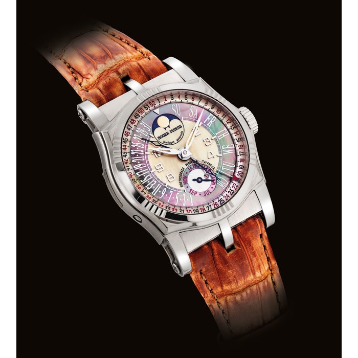 ROGER DUBUIS. A FINE AND RARE 18K WHITE GOLD LIMITED EDITION SQUARE-SHAPED AUTOMATIC BIRETROGRADE PERPETUAL CALENDAR WRISTWATCH WITH MOON PHASES, LEAP YEAR INDICATION AND MOTHER-OF-PEARL DIAL SIGNED ROGER DUBUIS, SYMPATHIE, BIRETROGRADE PERPETUAL CALENDAR MODEL, NO. 17/28, REF. SY43 5710 0, MOVEMENT NO. 182, CIRCA 2004