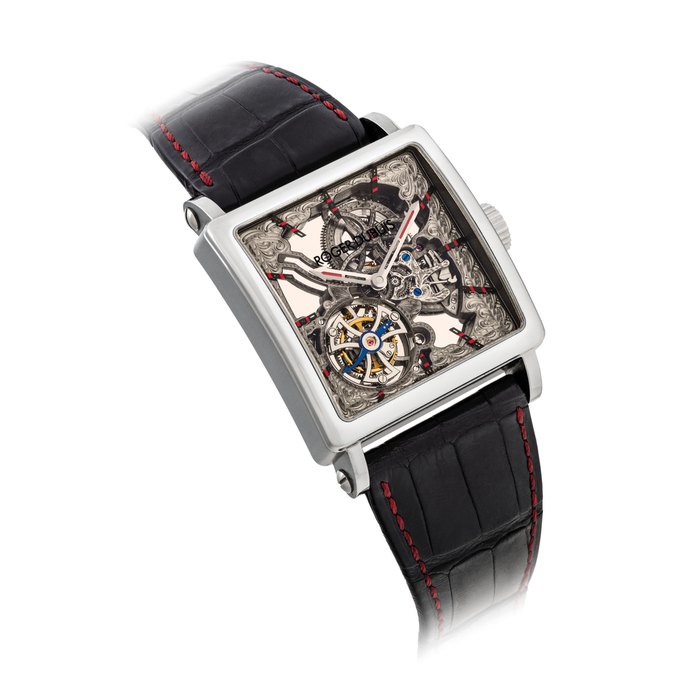 ROGER DUBUIS. A FINE AND RARE TITANIUM LIMITED EDITION SQUARE SKELETONISED TOURBILLON WRISTWATCH SUGNED ROGER DUBUIS, GOLDEN SQUARE MODEL, NO. 51/88, REF. G40 02SQ 7, MOVEMENT NO. 416, CIRCA 2010