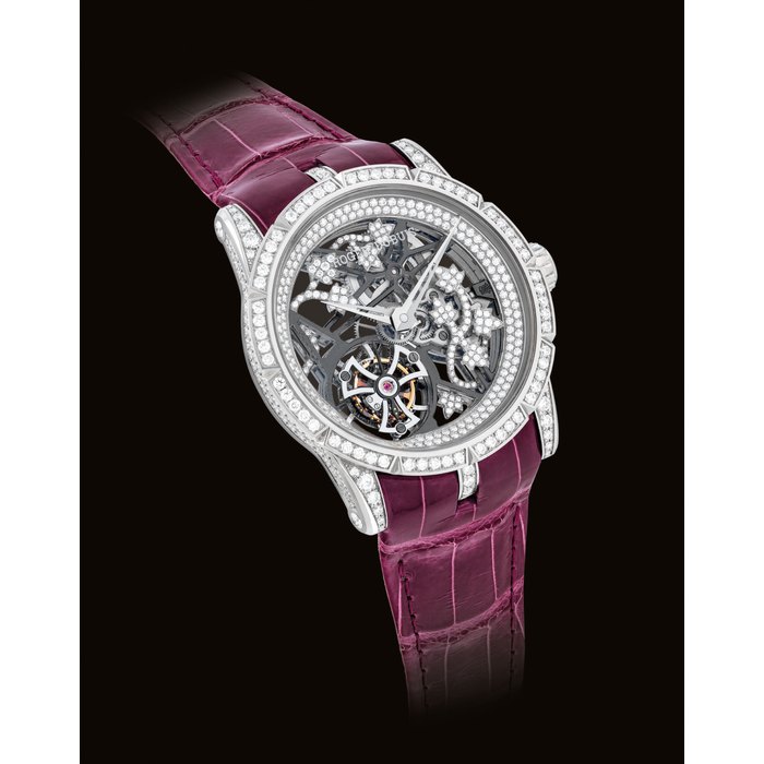ROGER DUBUIS. A LADY'S FINE, RARE AND ATTRACTIVE 18K WHITE GOLD AND DIAMOND-SET LIMITED EDITION SKELETONISED TOURBILLON WRISTWATCH SIGNED ROGER DUBUIS, HORLOGER GENEVOIS, EXCALIBUR 42 BROCÉLIANDE MODEL, REF. DBEX0476, NO. 05/28, CASE NO. C284CN, CIRCA 201５