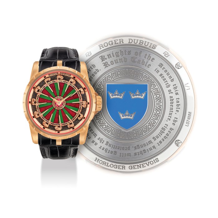 ROGER DUBUIS. A UNIQUE, EXTREMELY FINE AND HIGHLY ATTRACTIVE BRONZE AUTOMATIC WRISTWATCH WITH ENGRAVED AND SCULPTED 18K GOLD MINIATURE KNIGHTS AND ENAMEL DIAL SIGNED ROGER DUBUIS, HORLOGER GENEVOIS, EXCALIBUR KNIGHTS OF THE ROUND TABLE MODEL, NO .1/1, REF. DBEX0739, CIRCA 2018