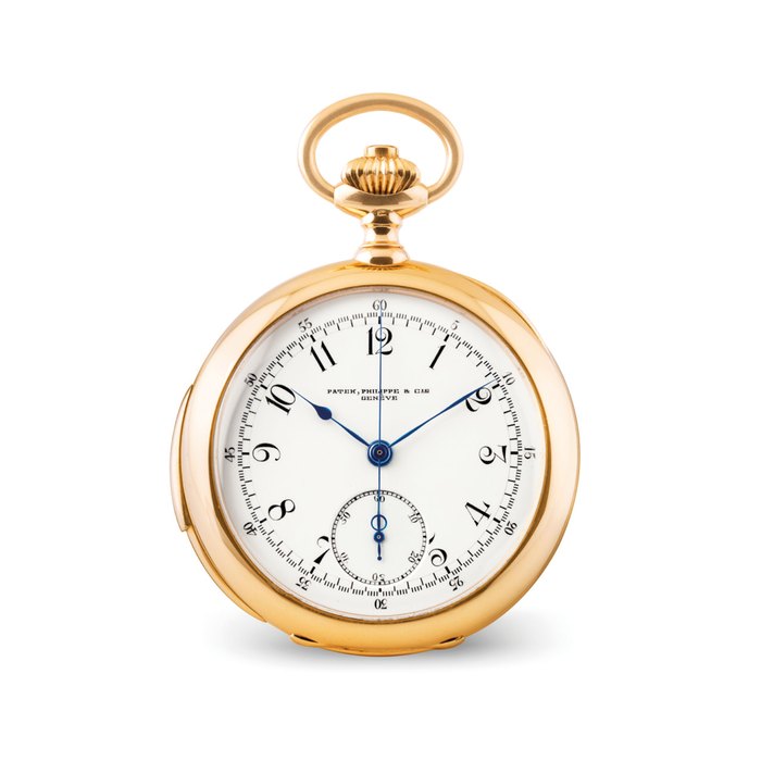 PATEK PHILIPPE. A FINE AND RARE 18K PINK GOLD OPENFACE MINUTE REPEATING CHRONOGRAPH KEYLESS LEVER WATCH WITH ENAMEL DIAL SIGNED PATEK PHILIPPE, GENÈVE, MOVEMENT NO. 97'527, CASE NO. 218'409, MANUFACTURED IN 1895