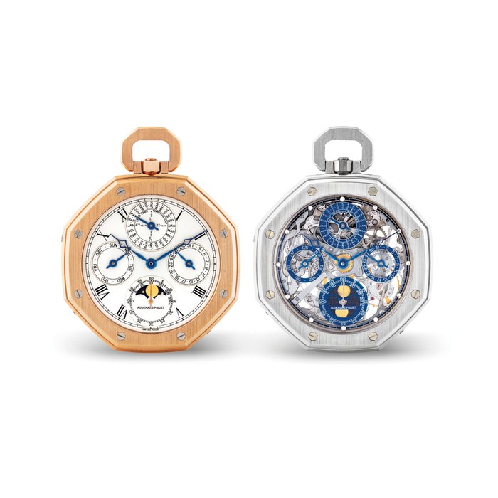 AUDEMARS PIGUET. TWO VERY FINE AND RARE LIMITED EDITION OPENFACE PERPETUAL CALENDAR KEYLESS LEVER WATCHES, ONE SKELETONISED IN PLATINUM AND ONE IN 18K PINK GOLD BOTH SIGNED AUDEMARS PIGUET, MONTRE DE POCHE ROYAL OAK MODEL, NO. 5, CIRCA 1992: PLATINUM REF. 25729, MOVEMENT NO. 275’644, CASE NO. D22056, 18K PINK GOLD REF. 25728, MOVEMENNT NO. 263’883, CASE NO. D22036