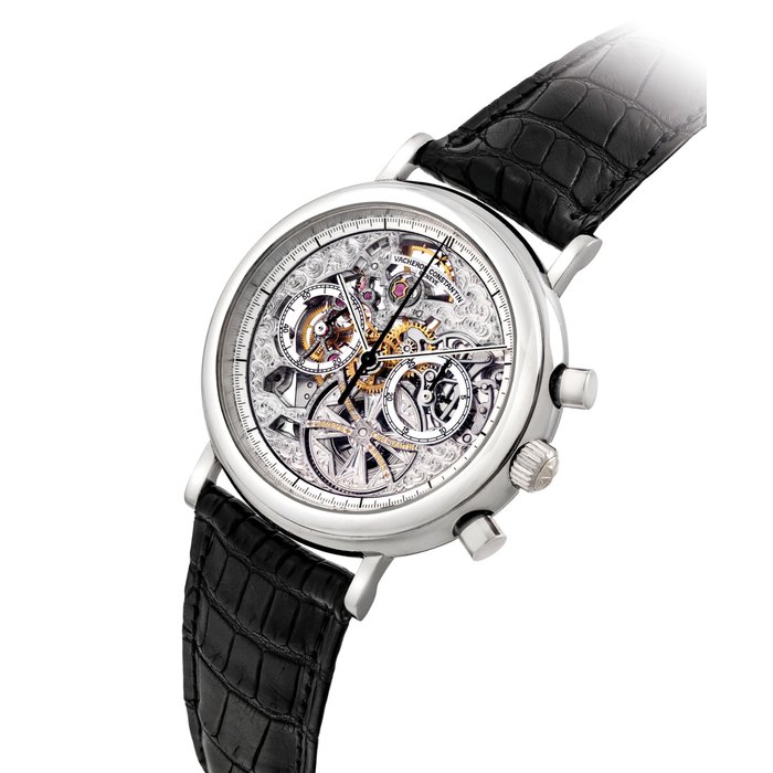 VACHERON CONSTANTIN. A FINE AND RARE PLATINUM SKELETONISED CHRONOGRAPH WRISTWATCH SIGNED VACHERON CONSTANTIN, REF. 47100, MOVEMENT NO. 770'520, CASE NO. 628'498, CIRCA 1991
