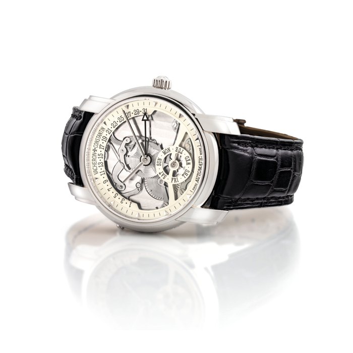 Vacheron Constantin VACHERON CONSTANTIN. A FINE AND RARE PLATINUM LIMITED EDITION AUTOMATIC SEMI-SKELETONISED WRISTWATCH WITH DAY AND RETROGRADE DATE, MADE TO COMMEMORATE THE 247TH ANNIVERSARY OF VACHERON CONSTANTIN SIGNED VACHERON CONSTANTIN, PATRIMONY RETROGRADE MODEL, NO. 27/247, REF. 47245, MOVEMENT NO. 887'658, CASE NO. 768'519, CIRCA 2002, Price & Market Data