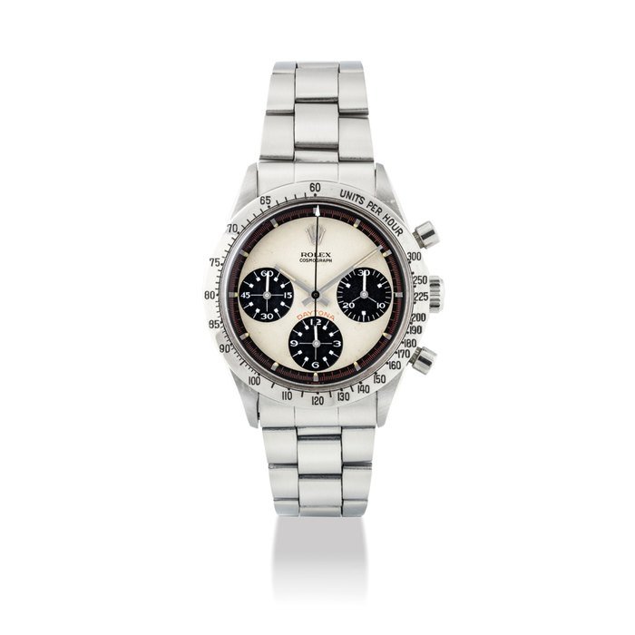 Rolex ROLEX. A FINE AND VERY RARE STAINLESS STEEL CHRONOGRAPH WRISTWATCH WITH BRACELET AND "PAUL NEWMAN" DIAL SIGNED ROLEX, COSMOGRAPH, DAYTONA PAUL NEWMAN MODEL, REF. 6239, CASE NO. 1'781'585, CIRCA 1968 · 6239