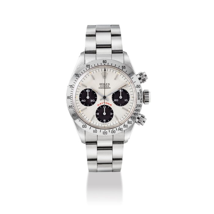 ROLEX. A RARE AND FINE STAINLESS STEEL CHRONOGRAPH WRISTWATCH WITH BRACELET SIGNED ROLEX, OYSTER PERPETUAL, COSMOGRAPH DAYTONA "BIG RED" MODEL, REF. 6265, CASE NO. 6'197'324, CIRCA 1979