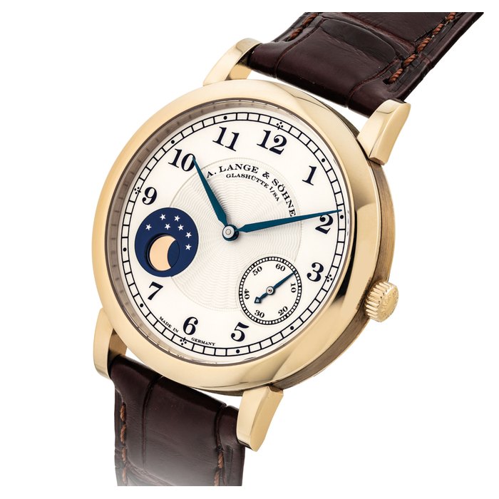 A. LANGE & SÖHNE. A RARE AND FINE 18K HONEY GOLD LIMITED EDITION WRISTWATCH WITH MOON PHASES SIGNED A. LANGE & SÖHNE, GLASHÜTTE I/SA, 1815 MOONPHASE MODEL, NO. 169/265, MOVEMENT NO. 84'109, CASE NO. 194'172, CIRCA 2011