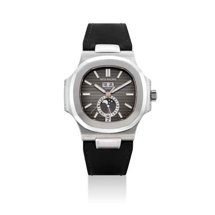 PATEK PHILIPPE. A FINE STAINLESS STEEL AUTOMATIC ANNUAL CALENDAR WRISTWATCH WITH SWEEP CENTRE SECONDS, MOON PHASES AND 24 HOUR INDICATION SIGNED. PATEK PHILIPPE, NAUTILUS MODEL, REF. 5726, MOVEMENT NO. 5'563'148, CASE NO. 4'739'841, CIRCA 2013