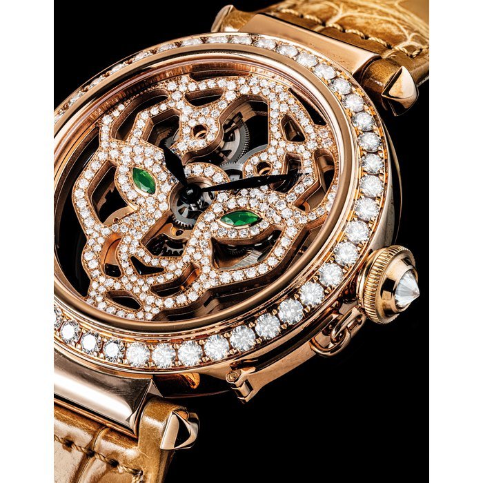Cartier CARTIER. A FINE AND ATTRACTIVE 18K PINK GOLD, DIAMOND AND GEM-SET SKELETONISED WRISTWATCH SIGNED CARTIER, PASHA DE CARTIER MODEL, REF. 3438, CASE NO. 186, CIRCA 2010