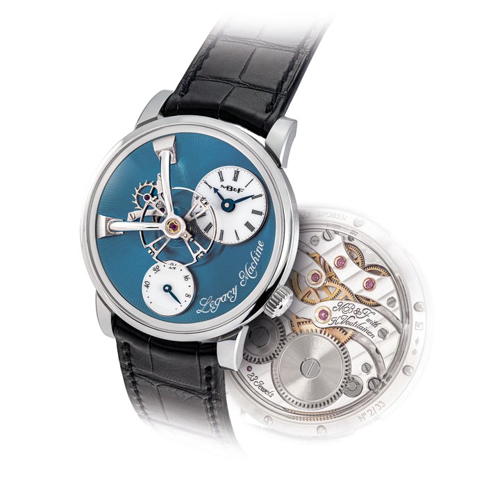 MB&F. A FINE, VERY RARE AND UNUSUAL PLATINUM LIMITED EDITION WRISTWATCH WITH THREE-DIMENSIONAL MOVEMENT AND POWER RESERVE SIGNED MB&F WITH K. VOUTILAINEN, LEGACY MACHINE N°101 MODEL, NO. 2/33, CASE NO. 51P38551, CIRCA 2017