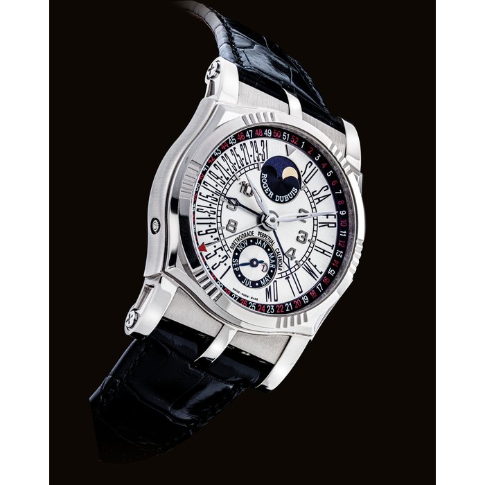 ROGER DUBUIS. A FINE AND VERY RARE 18K WHITE GOLD LIMITED EDITION SQUARE AUTOMATIC PERPETUAL CALENDAR BIRETROGRADE WRISTWATCH WITH MOON PHASES AND LEAP YEAR INDICATION SIGNED ROGER DUBUIS, SYMPATHIE, BIRETROGRADE PERPETUAL CALENDAR MODEL, NO. 11/28, MOVEMENT NO. 234, CIRCA 2005