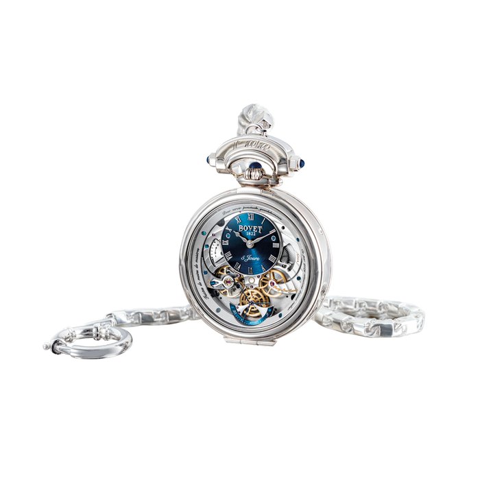 BOVET. A VERY FINE AND RARE 18K WHITE GOLD LIMITED EDITION SEMI-SKELETONISED DOUBLE DIALED PERPETUAL CALENDAR WRISTWATCH WITH RETROGRADE DATE, POWER RESERVE AND LEAP YEAR INDICATION, CONVERTIBLE TO A POCKET WATCH, WITH SILVER WATCH CHAIN SIGNED BOVET, AMADEO FLEURIER VIRTUOSO VII RETROGRADE PERPETUAL CALENDAR MODEL, NO. 100/100, REF. ACQPR008-100, CASE NO. 031'031, CIRCA 2018