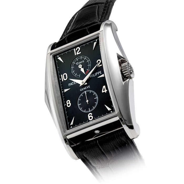 PATEK PHILIPPE. A FINE AND VERY RARE PLATINUM LIMITED EDITION RECTANGULAR WRISTWATCH WITH 10 DAY POWER RESERVE, MADE TO COMMEMORATE THE MILLENNIUM SIGNED PATEK PHILIPPE, GENEVE, REF. 5100, MOVEMENT NO. 3’202’336, CASE NO. 4’124’064, MANUFACTURED IN 2000
