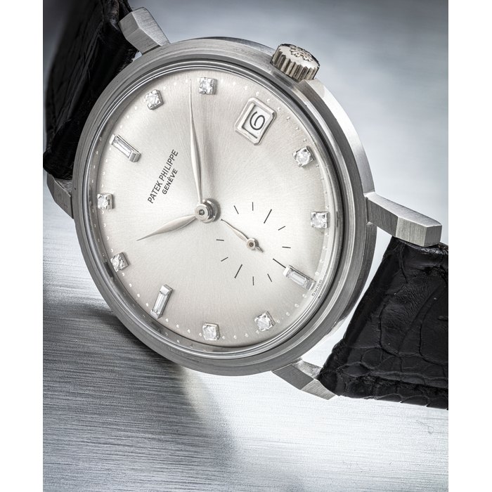 PATEK PHILIPPE. AN EXTREMELY RARE AND VERY FINE PLATINUM AND DIAMOND-SET AUTOMATIC WRISTWATCH WITH DATE SIGNED PATEK PHILIPPE, GENEVE, REF. 3445, CASE NO. 316'562, MOVEMENT NO. 1'121'450, MANUFACTURED IN 1964