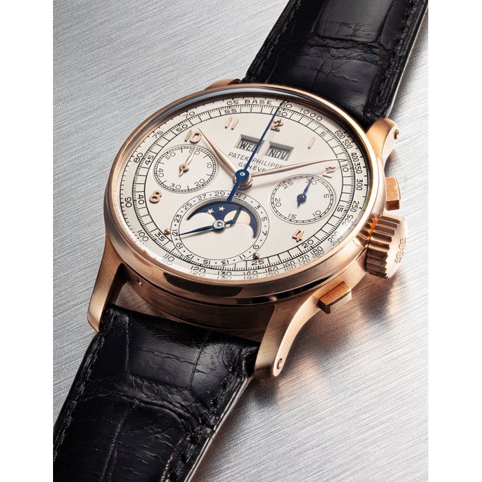 PATEK PHILIPPE. A VERY FINE AND EXTREMELY RARE, 18K PINK GOLD PERPETUAL CALENDAR SQUARE BUTTON CHRONOGRAPH WRISTWATCH WITH MOON PHASES, TACHYMETER AND AN 18K PINK GOLD PATEK PHILIPPE LINK BRACELET SIGNED PATEK PHILIPPE, GENÈVE, REF. 1518, MOVEMENT NO. 868'088, CASE NO. 668'397, MANUFACTURED IN 1951