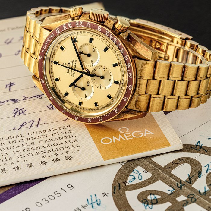 Omega OMEGA. A FINE AND VERY RARE 18K GOLD LIMITED EDITION CHRONOGRAPH WRISTWATCH WITH BRACELET AND GOLD DIAL SIGNED OMEGA, SPEEDMASTER PROFESSIONAL MODEL, APOLLO XI 1969, NO. 561, REF. BA 145.022, MOVEMENT NO. 28'422'478, MANUFACTURED IN 1969