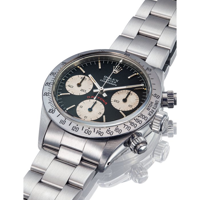 ROLEX. A RARE AND FINE STAINLESS STEEL CHRONOGRAPH WRISTWATCH WITH BRACELET SIGNED ROLEX, OYSTER, COSMOGRAPH DAYTONA “BIG RED” MODEL, REF. 6265, CASE NO. 5'523'099, CIRCA 1978