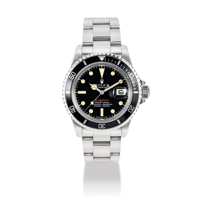 ROLEX. A RARE STAINLESS STEEL AUTOMATIC WRISTWATCH WITH SWEEP CENTRE SECONDS, DATE AND BRACELET SIGNED ROLEX, OYSTER PERPETUAL, SUBMARINER, REF. 1680, CASE NO. 3'715'764, CIRCA 1974