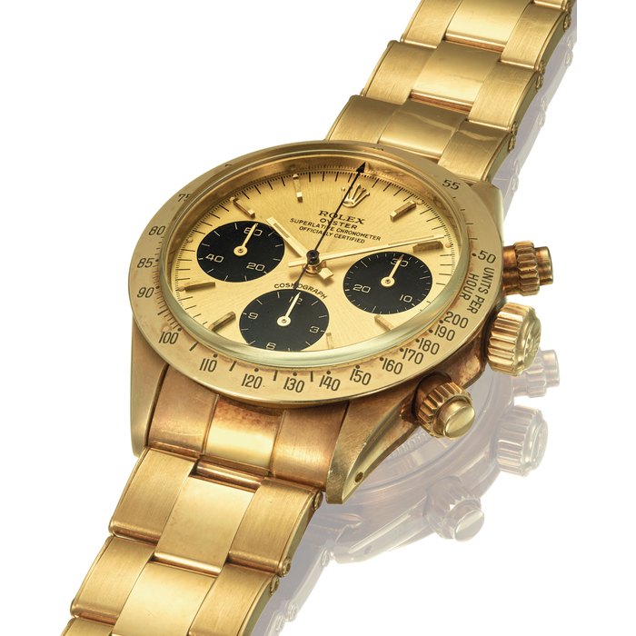 ROLEX. A FINE AND ATTRACTIVE 18K GOLD CHRONOGRAPH WRISTWATCH WITH BRACELET AND SIGMA DIAL SIGNED ROLEX, COSMOGRAPH, DAYTONA MODEL, REF. 6265, CASE NO. 5’035’062, CIRCA 1978
