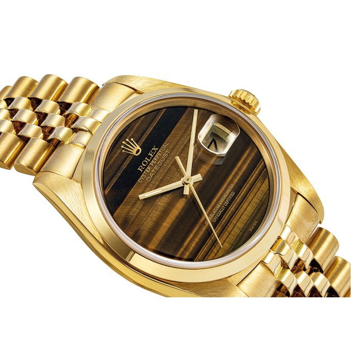 ROLEX. A RARE AND FINE 18K GOLD AUTOMATIC WRISTWATCH WITH SWEEP CENTRE SECONDS, DATE, BRACELET AND TIGER'S EYE DIAL SIGNED ROLEX, OYSTER PERPETUAL, DATEJUST MODEL, REF. 16008, CASE NO. 5'638'860, CIRCA 1978