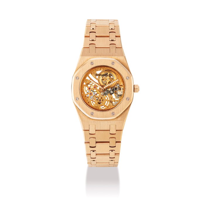 AUDEMARS PIGUET. A FINE AND RARE 18K PINK GOLD AND DIAMOND-SET MID-SIZE SKELETONISED WRISTWATCH WITH BRACELET SIGNED AUDEMARS PIGUET, ROYAL OAK MODEL, MOVEMENT NO. 424’599, CASE NO. D 97651, CIRCA 2000