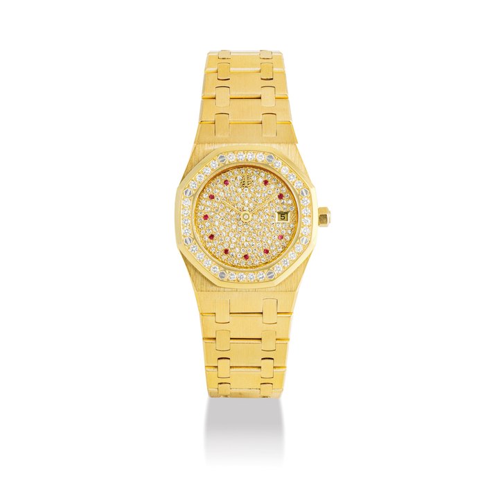 AUDEMARS PIGUET. A FINE AND RARE MID-SIZE 18K GOLD, DIAMOND AND RUBY-SET AUTOMATIC WRISTWATCH WITH DATE AND BRACELET SIGNED AUDEMARS PIGUET, ROYAL OAK MODEL, REF. BA 14587, NO. 154, MOVEMENT NO. 302’554, CASE NO. C 69329, CIRCA 1990