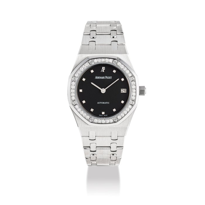 AUDEMARS PIGUET. A FINE AND RARE 18K WHITE GOLD AND DIAMOND-SET AUTOMATIC WRISTWATCH WITH DATE AND BRACELET SIGNED AUDEMARS PIGUET, ROYAL OAK MODEL, NO. 084, MOVEMENT NO. 460'107, CASE NO. D 60885, CIRCA 1998