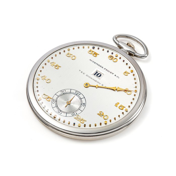 AUDEMARS PIGUET. A FINE AND RARE 18K WHITE GOLD JUMP HOUR OPENFACE KEYLESS LEVER WATCH SIGNED AUDEMARS PIGUET & CO, RETAILED BY T & E DICKINSON & CO, MOVEMENT NO. 36'509, CASE NO. 36'509, CIRCA 1935