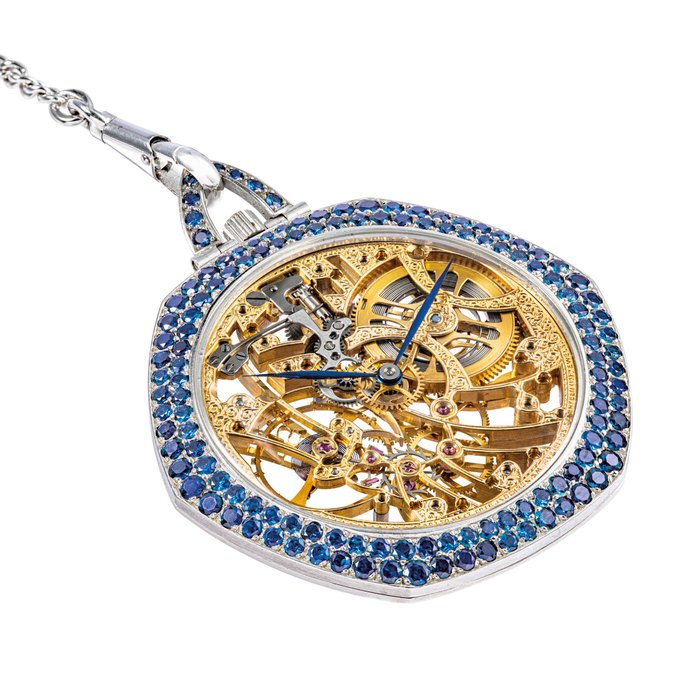 AUDEMARS PIGUET. A FINE AND VERY RARE 18K WHITE GOLD AND SAPPHIRE-SET SKELETONISED KEYLESS LEVER WATCH SIGNED AUDEMARS PIGUET, REF. 5670BC, MOVEMENT NO. 134'442, CASE NO. 76'366, CIRCA 1973