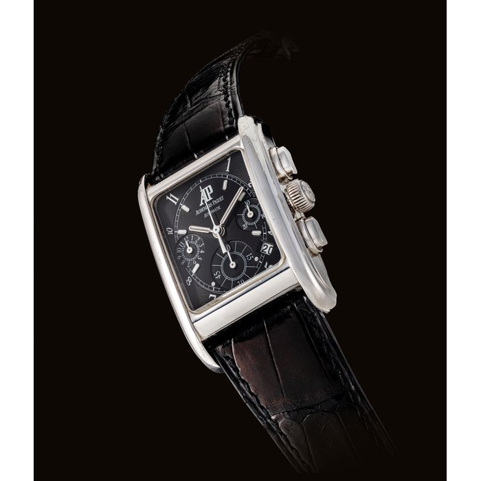 AUDEMARS PIGUET. A FINE 18K WHITE GOLD RECTANGULAR AUTOMATIC CHRONOGRAPH WRISTWATCH WITH DATE SIGNED AUDEMARS PIGUET, AUTOMATIC, EDWARD PIGUET MODEL, CASE NO. E-74797, CIRCA 2000