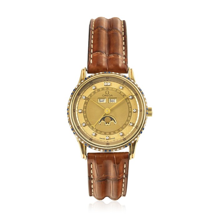 OMEGA, GOLD TRIPLE CALENDAR AND MOON PHASES WITH DIAMONDS AND SAPPHIRES, REF. 156003