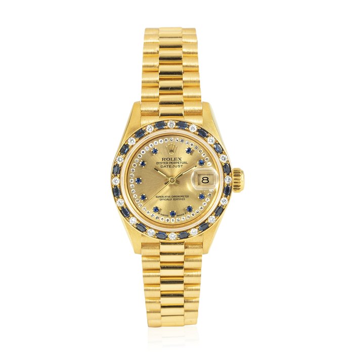ROLEX, LADY'S GOLD, DIAMOND AND SAPPHIRE-SET DATEJUST, REF. 69198