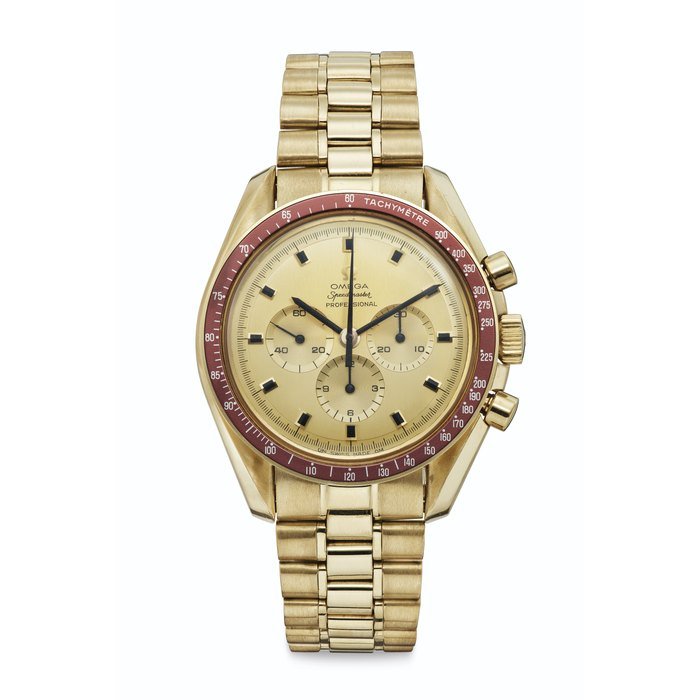 Omega Omega. An 18k Gold Very Fine, Rare and Attractive Limited Edition Chronograph Wristwatch with Bracelet, Made to Commemorate Apollo 11's Successful Landing on The Moon Signed Omega, Speedmaster, Professional, No. 486, Ref. 145.022 - 69, Movement No. 28'420'735, Manufactured in 1969