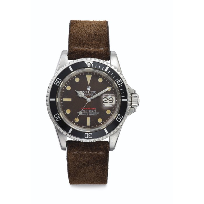 Rolex. A Fine Stainless Steel Automatic Wristwatch with Center Seconds, Date, Bracelet and "Tropical Dial" Signed Rolex, Oyster Perpetual Date, Submariner, 200m=660ft, Ref. 1680, Case No. 2'253'987, Circa 1969