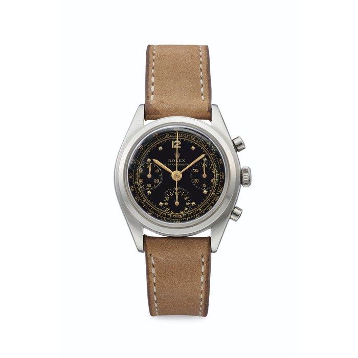 Rolex. A Fine and Very Attractive Stainless Steel Chronograph Wristwatch with Black Gilt Dial Signed Rolex, Oyster Chronograph, Anti-Magnetic, Ref. 6034, Case No. 907'407, Circa 1953
