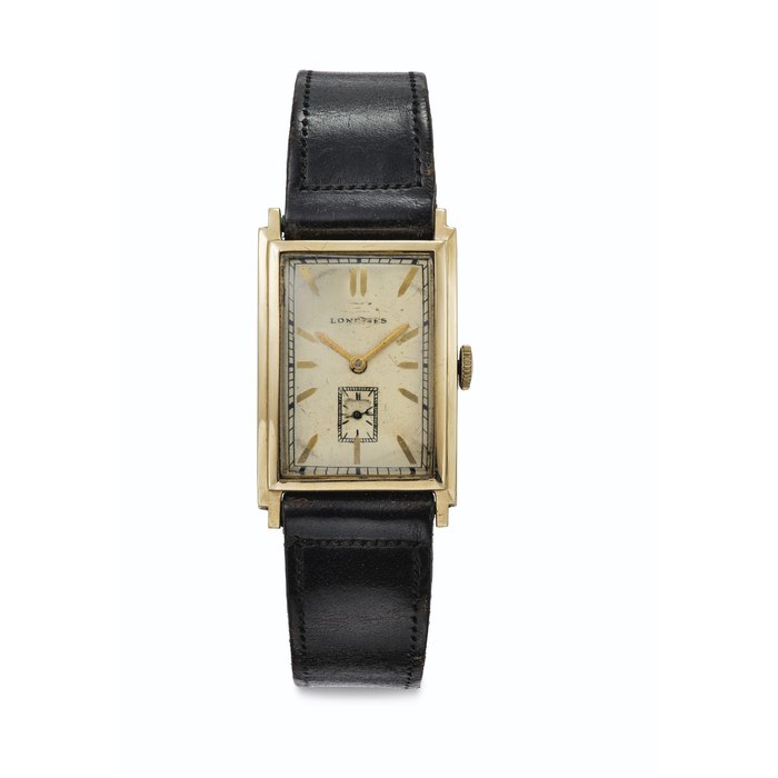 Longines. A Fine 14k Gold Rectangular-shaped Wristwatch, Formerly Belonging to American Major League Baseball Legend Joe DiMaggio Signed Longines, Movement No. 4'829'374, Case No. 84'073, Circa 1945