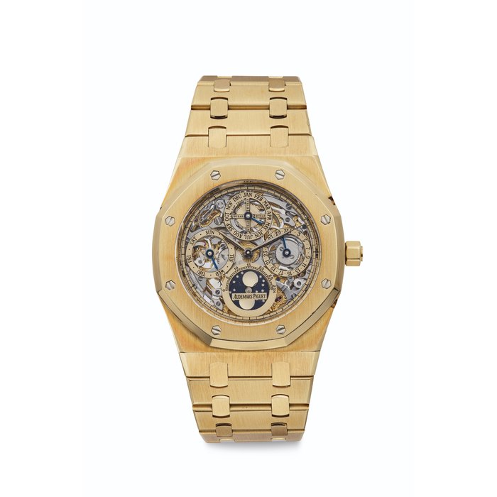 Audemars Piguet. A Fine 18k Gold Automatic Skeletonised Perpetual Calendar Wristwatch with Moon Phases and Bracelet Signed Audemars Piguet, Quantieme Perpetual Automatique, No. 046, Ref. 25829BA, Movement No. 405632, Case No. D 80517, Circa 2000