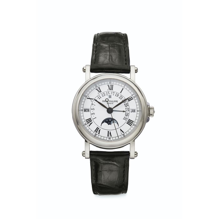Patek Philippe. A Fine Platinum Automatic Perpetual Calendar Wristwatch with Retrograde Date, Center Seconds and Moon Phases Signed Patek Philippe, Genève, Ref. 5059P, Movement No. 1'958'242, Case No. 4'048'006, Manufactured in 2000