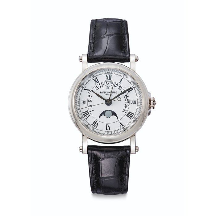 Patek Philippe. A Fine 18k White Gold Automatic Perpetual Calendar Wristwatch with Retrograde Date, Center Seconds and Moon Phases Signed Patek Philippe, Genève, Ref. 5059G, Movement No. 1'958'632, Case No. 4128171, Manufactured in 2001