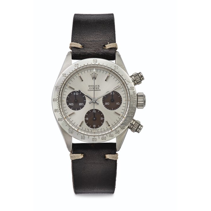 Rolex. A Fine Stainless Steel Chronograph Wristwatch with Sigma Dial and "Tropical" Registers Signed Rolex, Oyster, Cosmograph, Ref. 6265, Case No. 4'138'226, Circa 1975