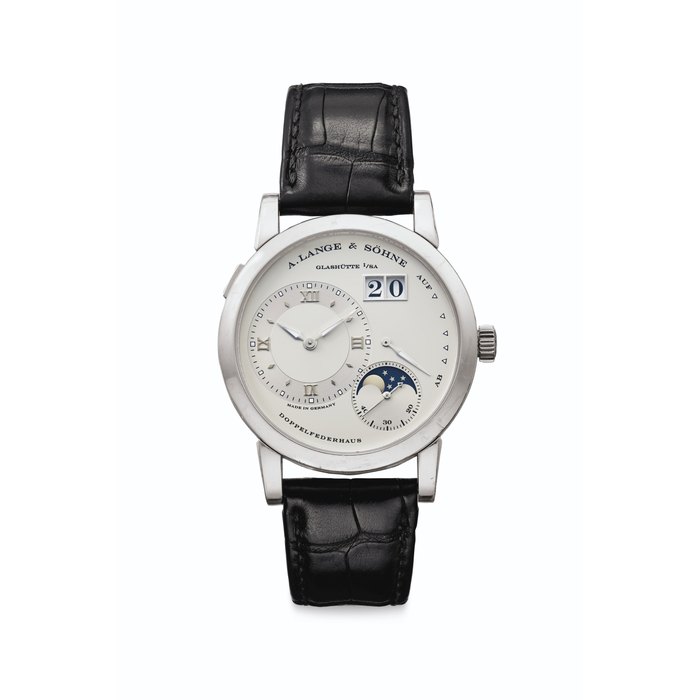  A. Lange & Söhne. A Fine Platinum Wristwatch with Date, Power Reserve and Moon phases Signed A. Lange & Söhne, Glashütte I/SA, Lange 1 Moonphase Model, Ref. 109.025, Movement No. 37'375, Case No. 147'866, Circa 2004, Price & Market Data