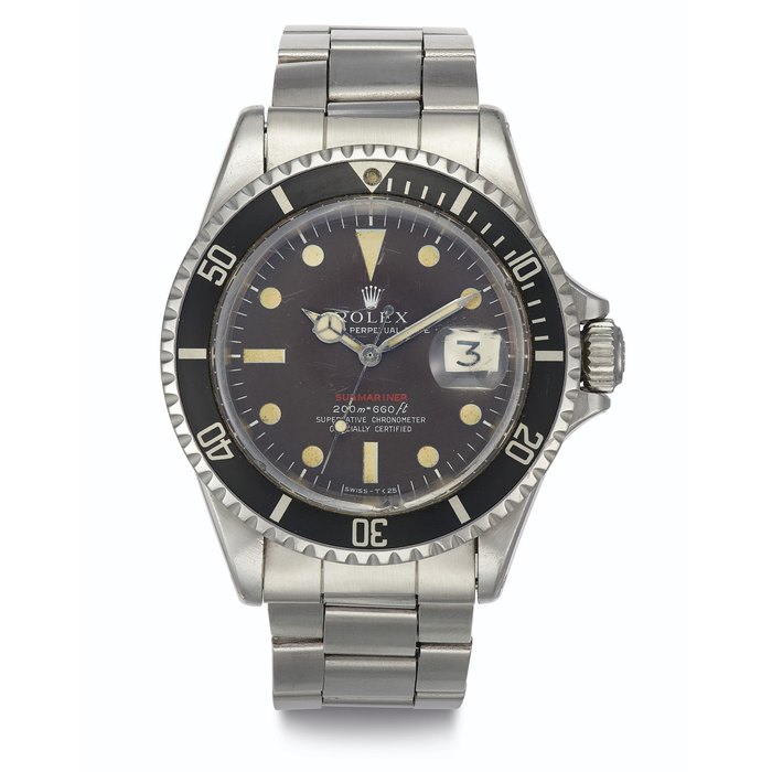 Rolex. A Fine Stainless Steel Automatic Wristwatch with Center Seconds, Date, Bracelet and "Tropical Dial" Signed Rolex, Oyster Perpetual Date, Submariner, 200m=660ft, Ref. 1680, Case No. 2'299'487 , Circa 1968